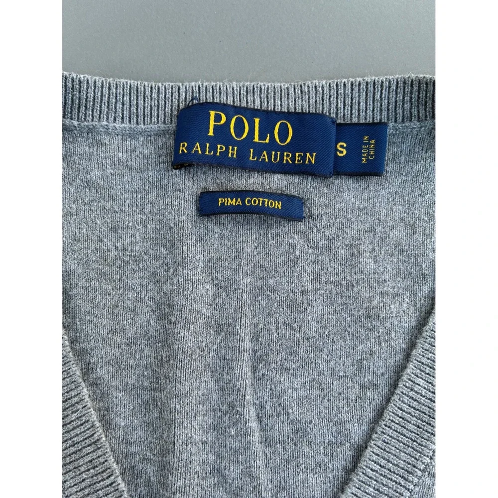 Polo Ralph Lauren Mens Gray Pima Cotton V-Neck Sweater Small Green Pony Logo